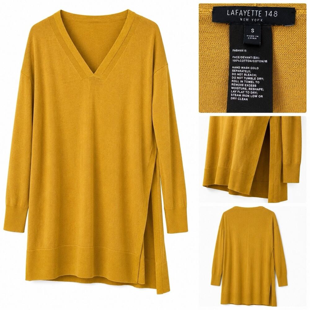 Lafayette 148 100% Cotton Knit Longline Sweater Coastal Grandma Mustard Yellow S